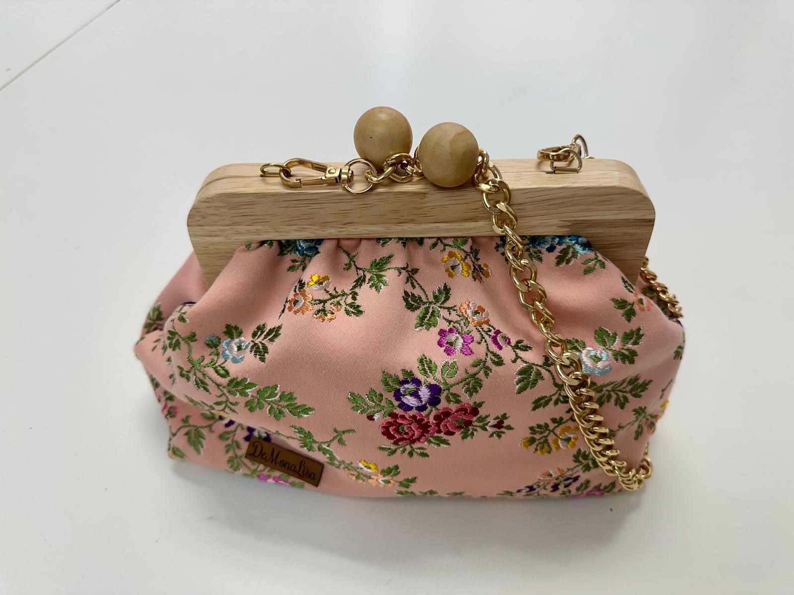 bolso tela bordada rosa 29x20